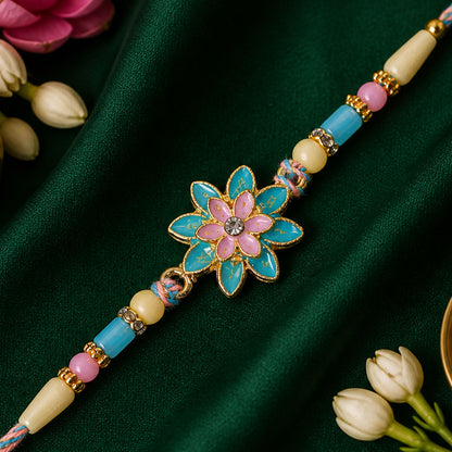Designer Rakhi featuring Lotus Charm, bead line and gift style for Retail Display