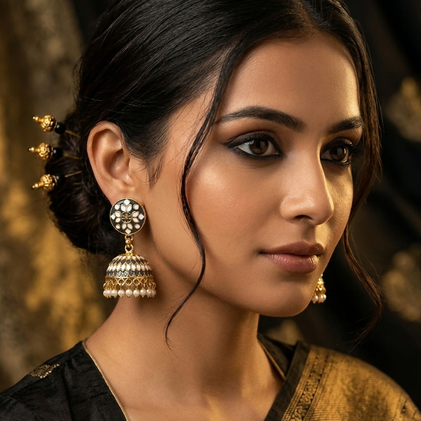 Close-up of decorative stone accents on chandbali earrings