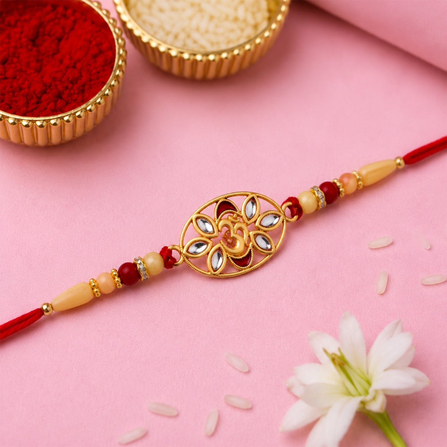 Om Kundan Rakhi Elegant Pearl Bead Design for Brother (10pcs)