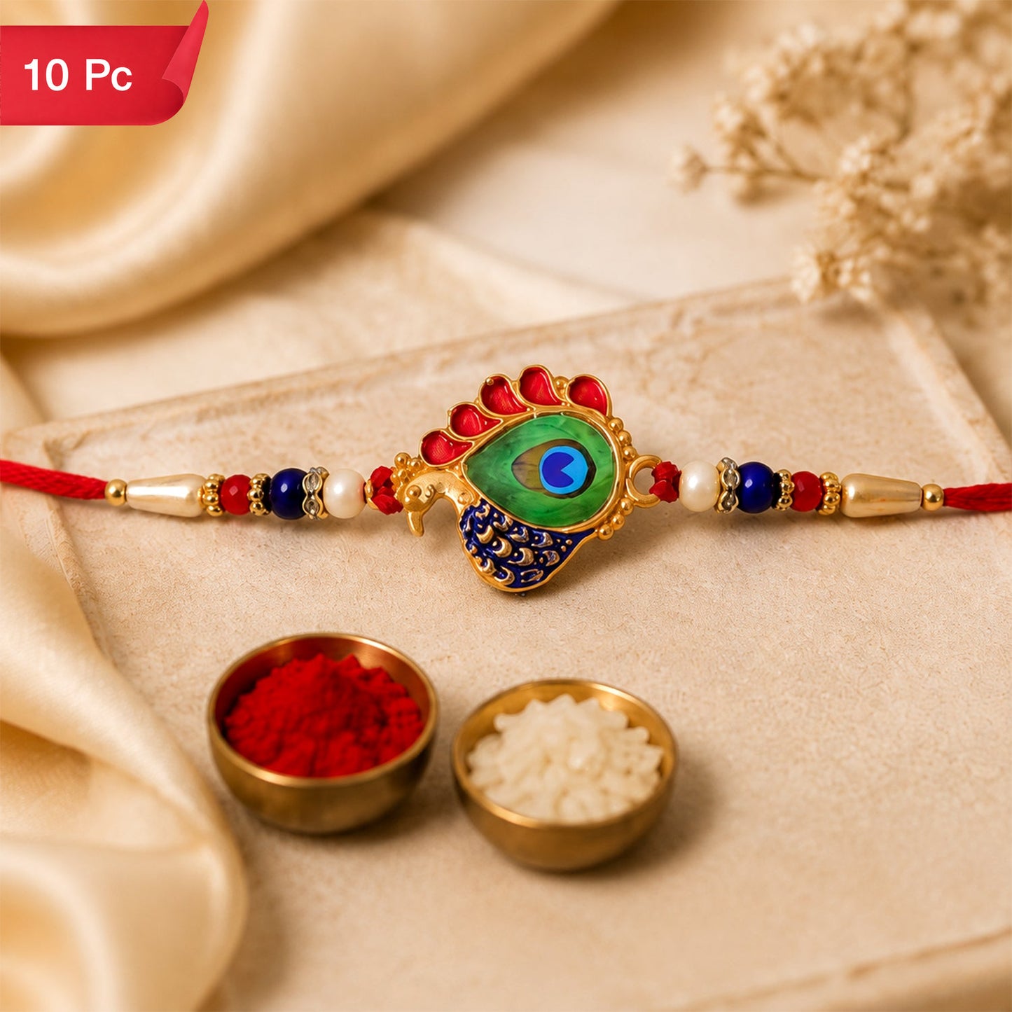 Peacock Feather Rakhi Golden Enamel Pearl Beads for Brother (10pcs)