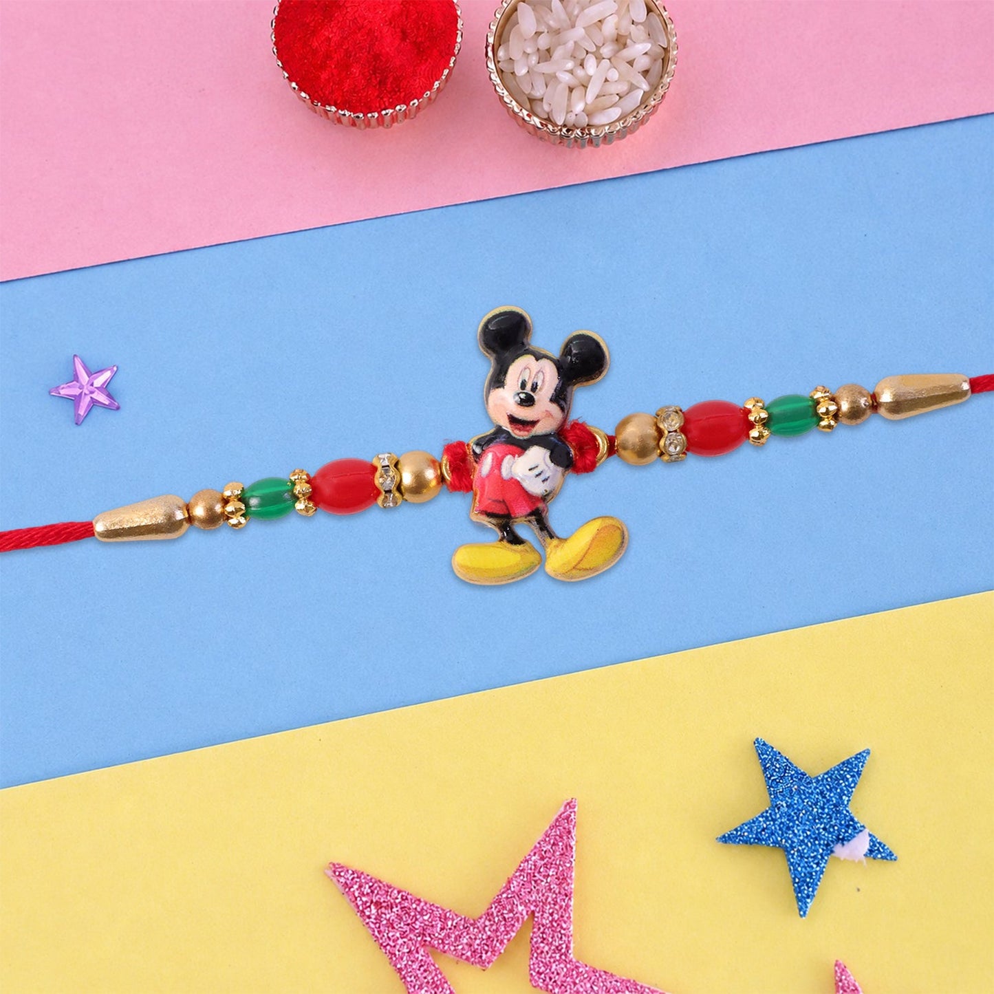 Mickey Mouse Kids Rakhi Pearls Golden Beads Red Thread (5pcs)