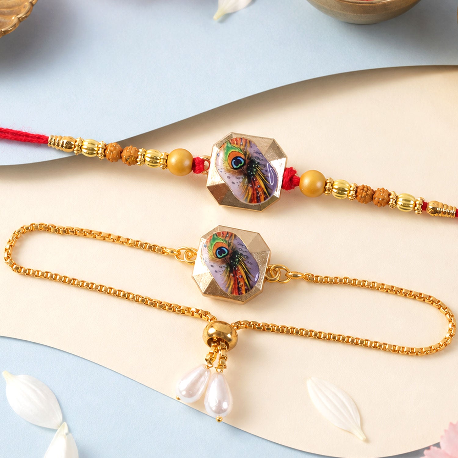 Krishna Morpankh Printed Charm Rudraksha Beads Bhai Bhabhi Rakhi Lumba Set