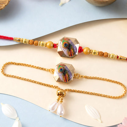Krishna Morpankh Printed Charm Rudraksha Beads Bhai Bhabhi Rakhi Lumba Set