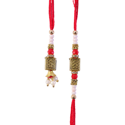 Geometric Rectangle Bhai Bhabhi Rakhi with Rectangular Emblem and Pearls for Gifting