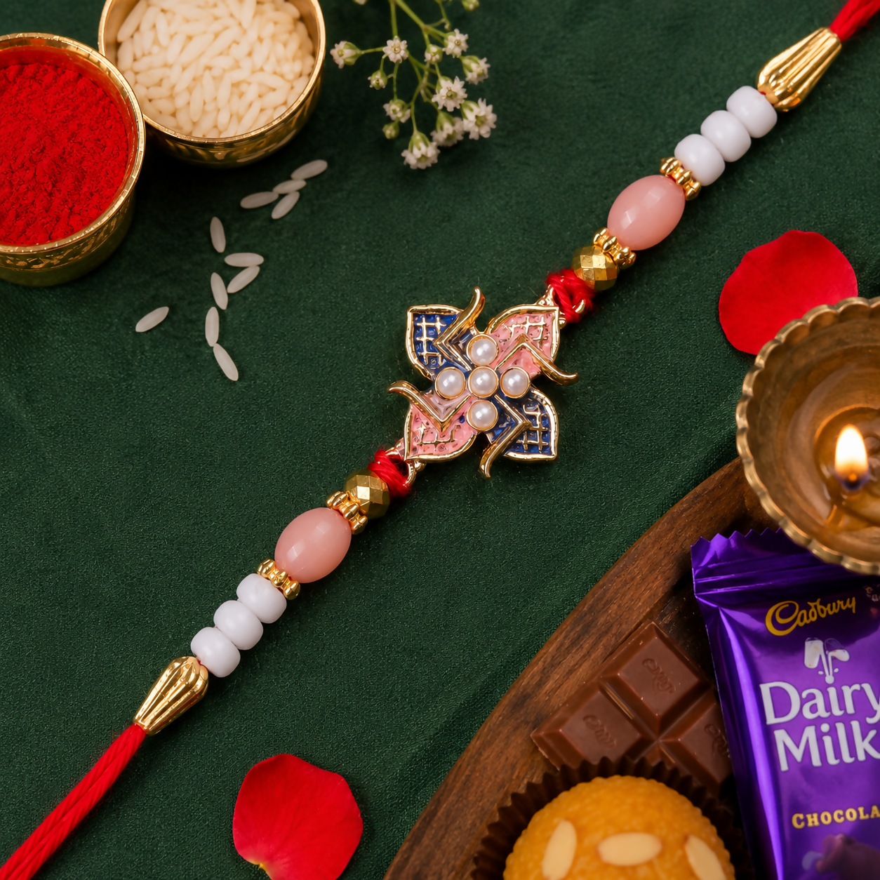 A red and white beaded bracelet with a central pink and blue floral charm lies on a dark green fabric with scattered rice
