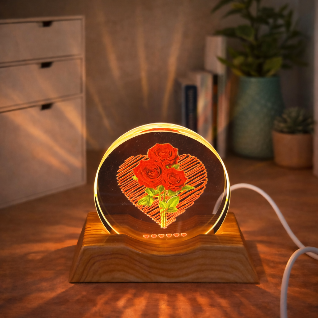 Rose Heart Acrylic LED Lamp with Wooden Base Romantic Gift Night Light