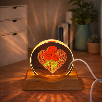 Rose Heart Acrylic LED Lamp with Wooden Base Romantic Gift Night Light