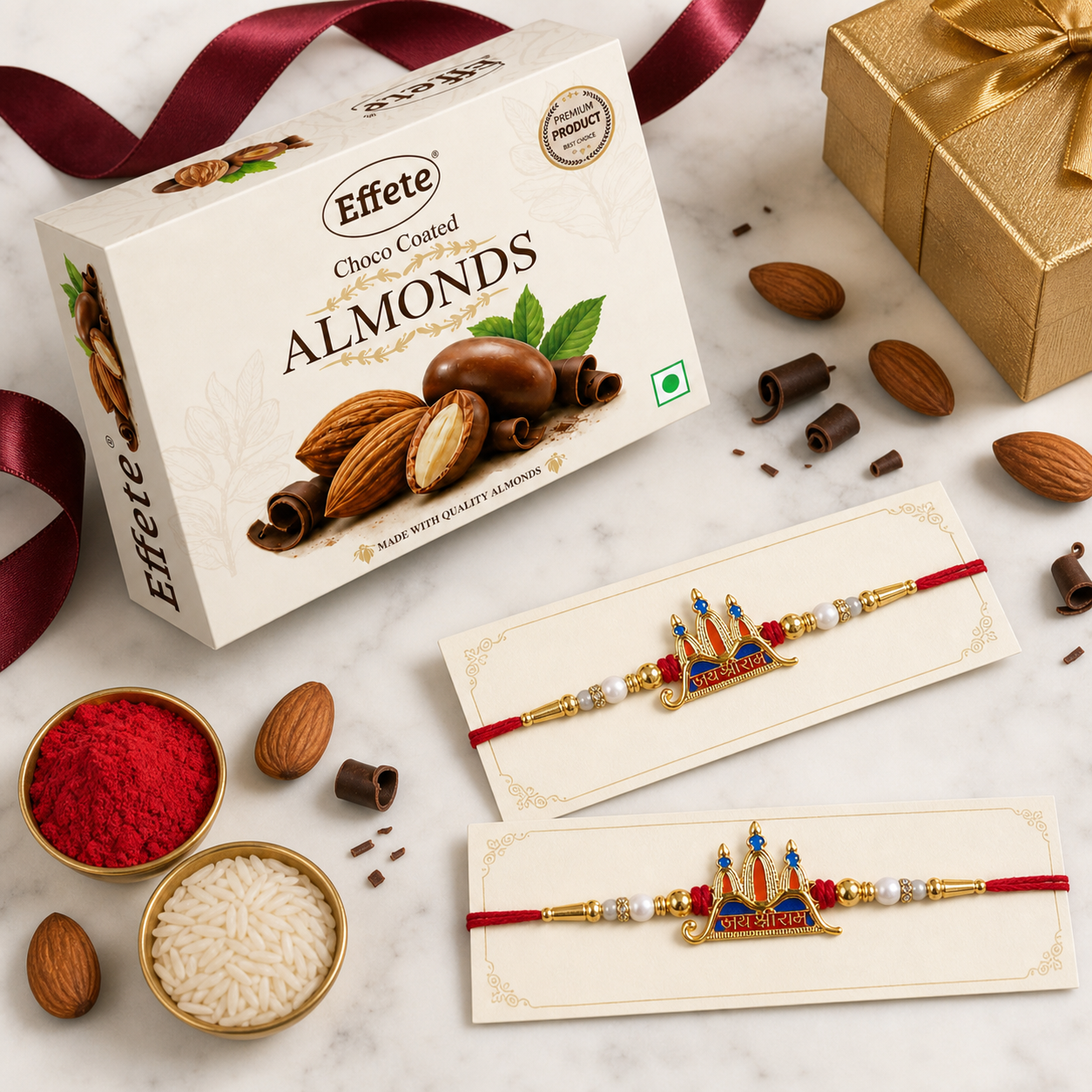Jai Shri Ram Temple Rakhi with Chocolate Almonds, Pack of 2