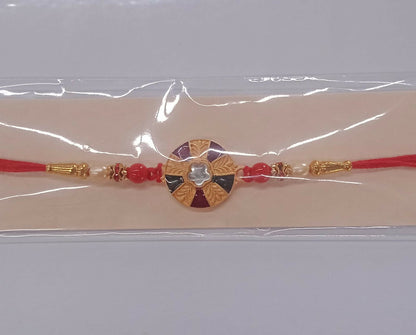 Multicolor Kundan Rakhi Golden Floral Design with Beaded Red Thread (5pcs)