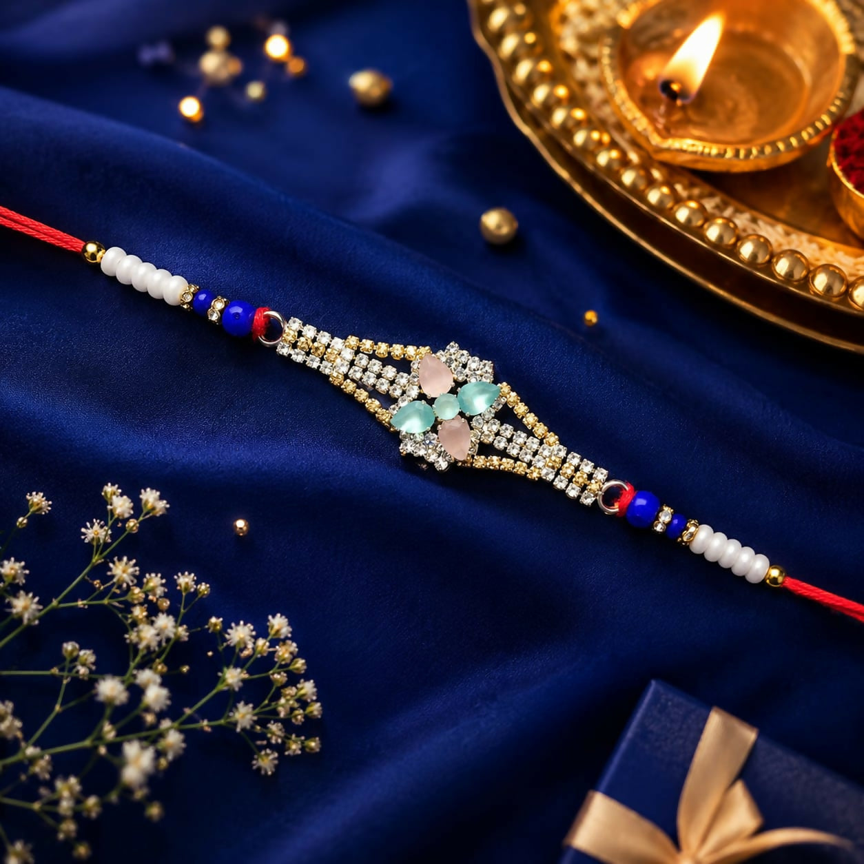 A red thread bracelet with a central diamond-studded floral design featuring pink and blue-green crystals, on a blue silk