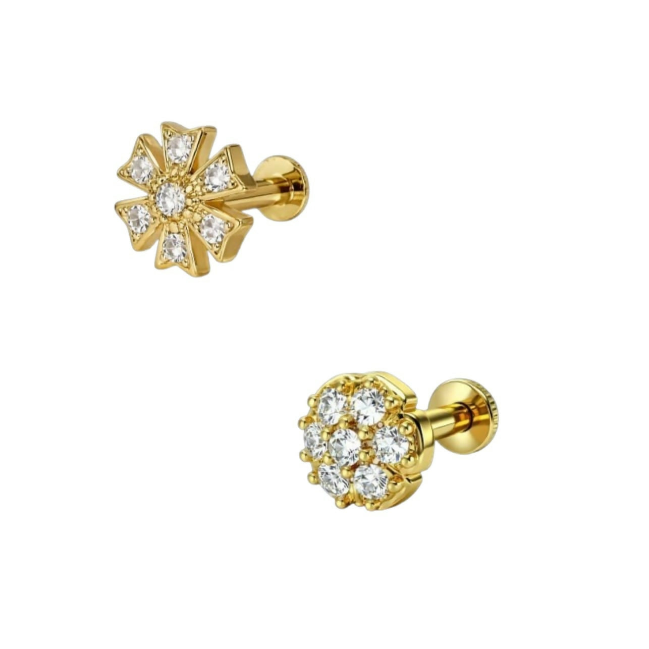 Set of two gold plated starburst nosepin studs with intricate floral design