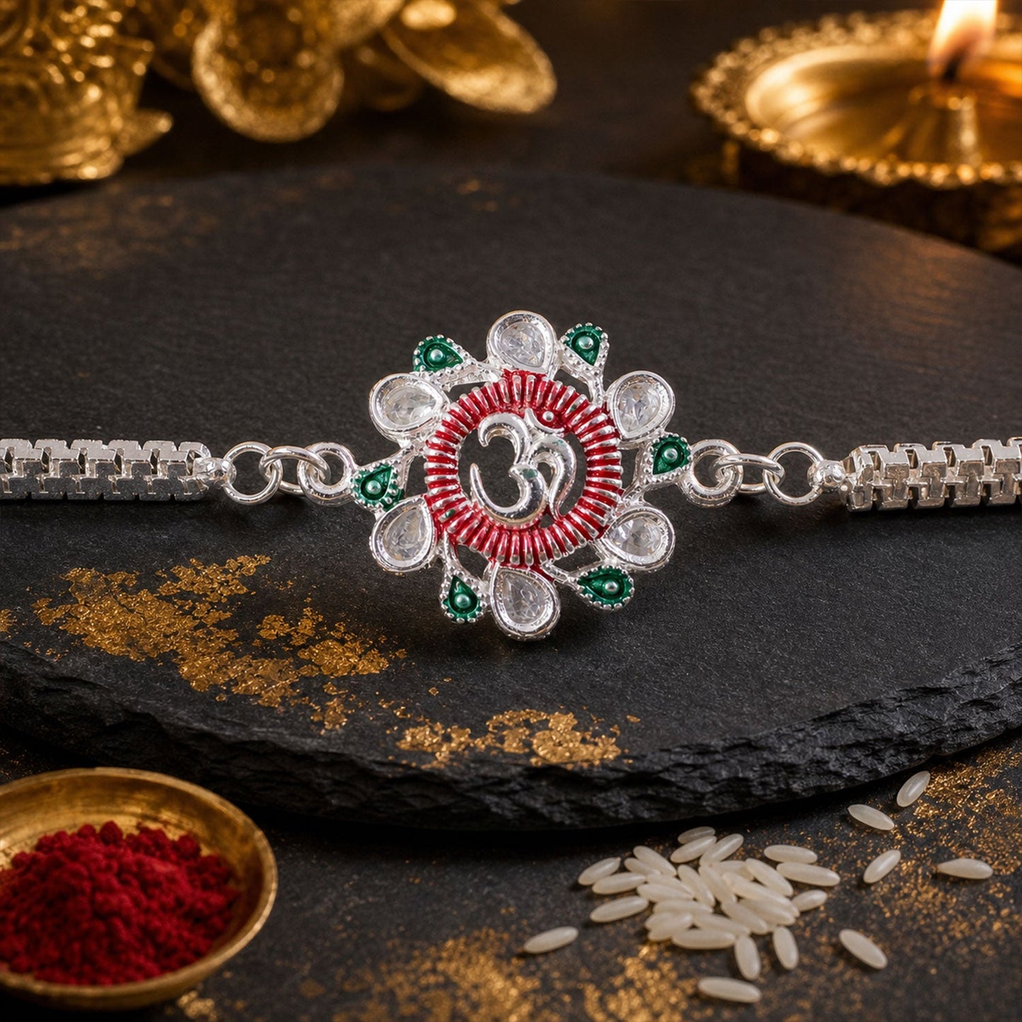 Om Rakhi Floral Design with Pink Green Accents for Raksha Bandhan (10pcs)