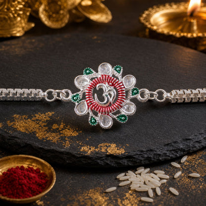 Om Rakhi Floral Design with Pink Green Accents for Raksha Bandhan (10pcs)