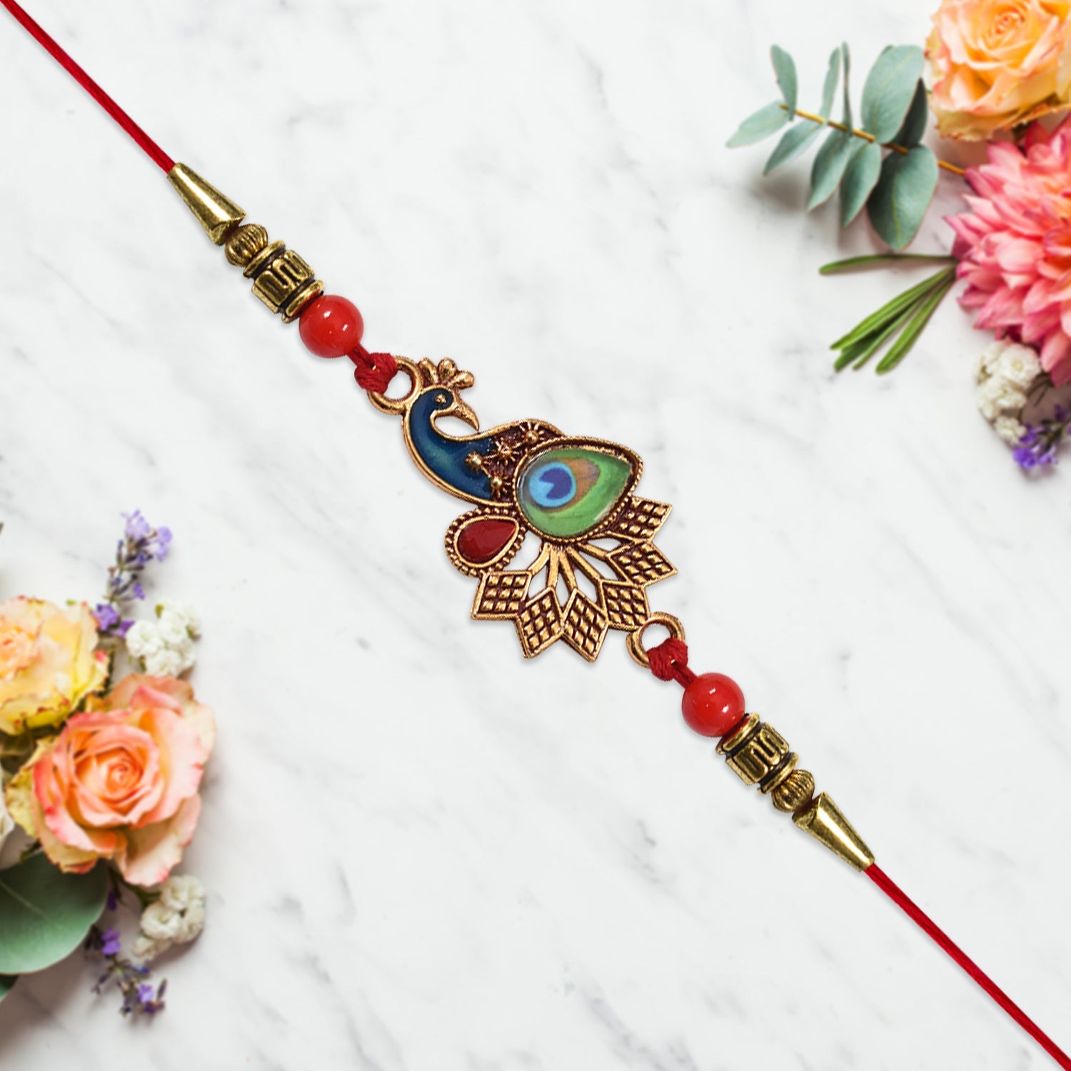 Peacock Rakhi, Vibrant Enamel & Beadwork Design (5pcs)