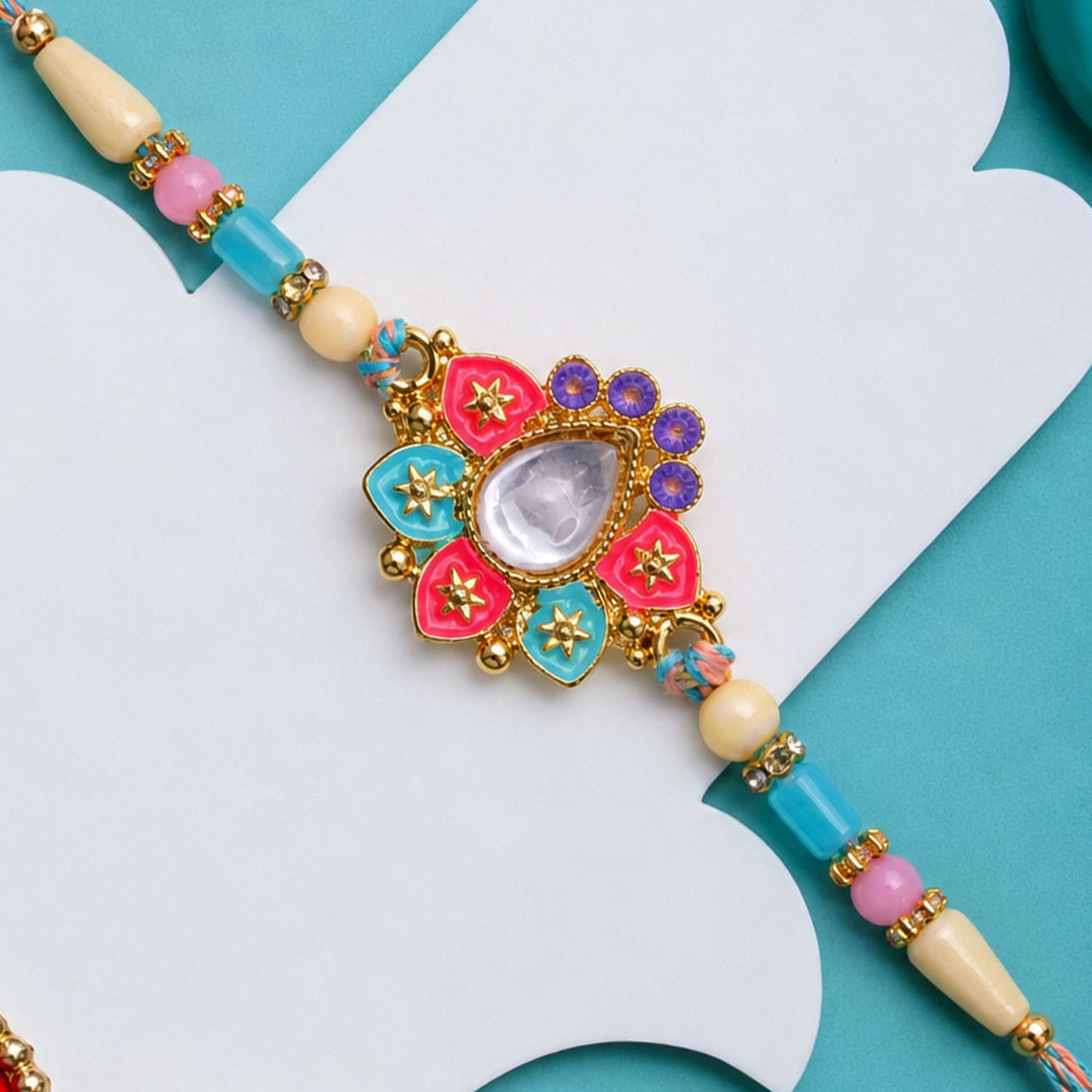 Multicolor Floral Kundan Pendant Rakhi with Pastel Beads