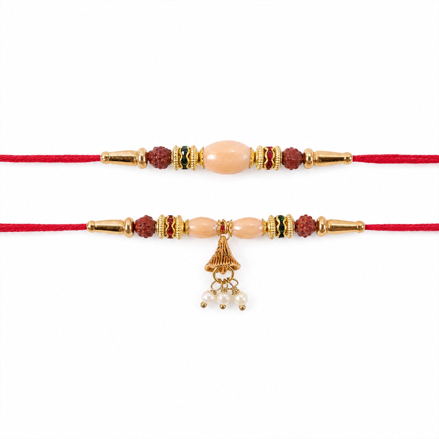 Couple Rakhi with Peach Oval Center Bead and Pearl Drop Charm