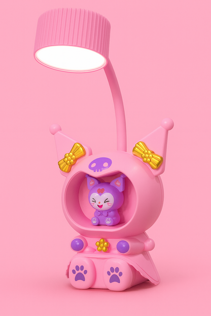 Cute Pink Character LED Table Lamp with Night Light & USB Charging
