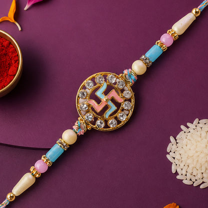 Divine Rakhi showcasing Swastik Circle Plaque, gold trims and chain look for Gift Use