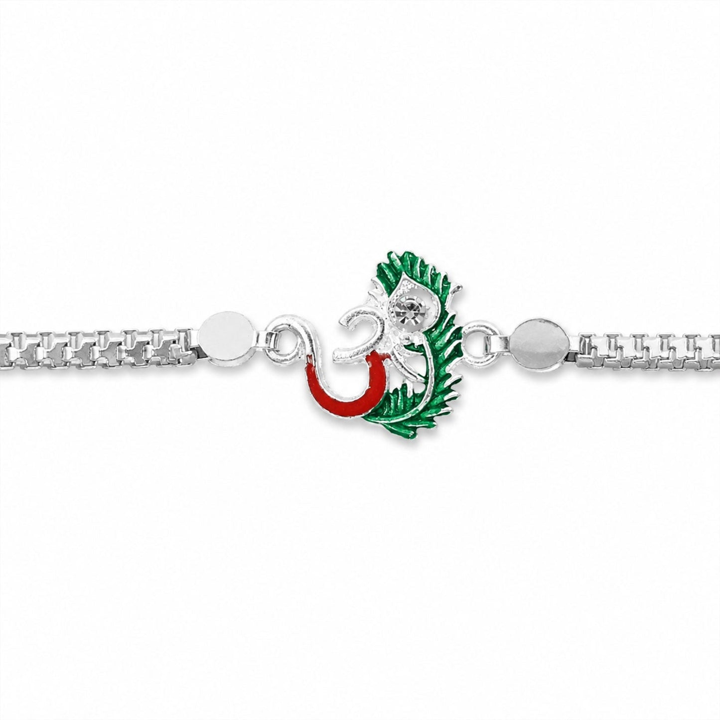 Om Charm Morpankh Silver Chain Crystal Diamond Rakhi for Brother (5pcs)