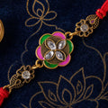 Ornate Rakhi with Floral Medallion, multicolor stones and chain look for Gifting