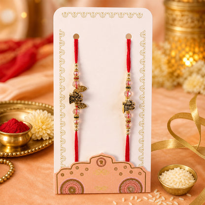 Radha Krishna Couple Rakhi Set with Pink Crystal Beads and Antique Leaf Charm Gift