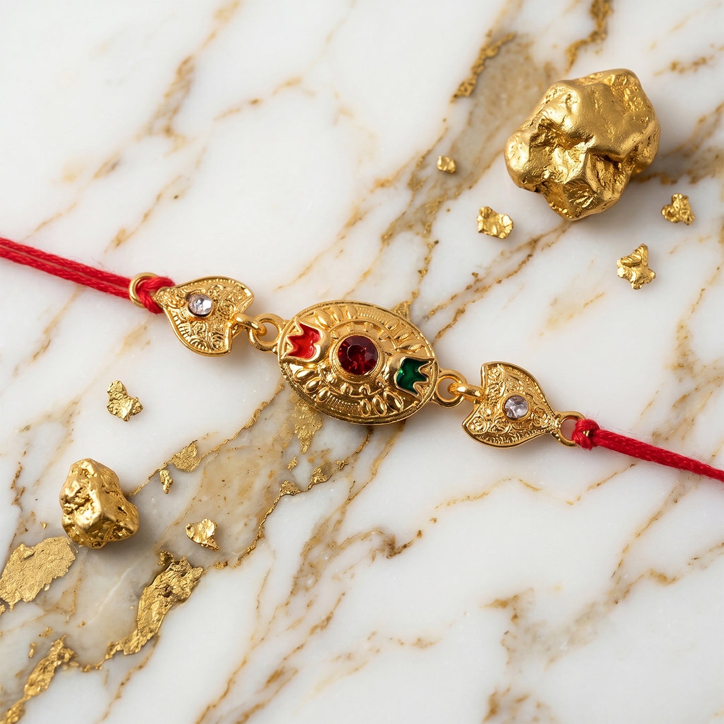 Sacred Bond Designer Gold Rakhi with Ruby & Emerald Stone