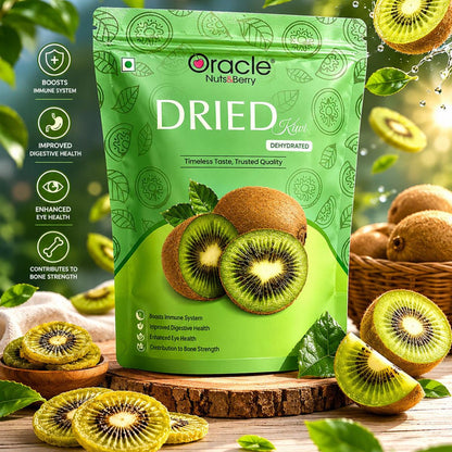 Close-up of chewy Dried Kiwi Slices, highlighting their natural texture.