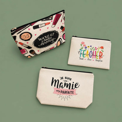 Side view of compact printed zipper pouch