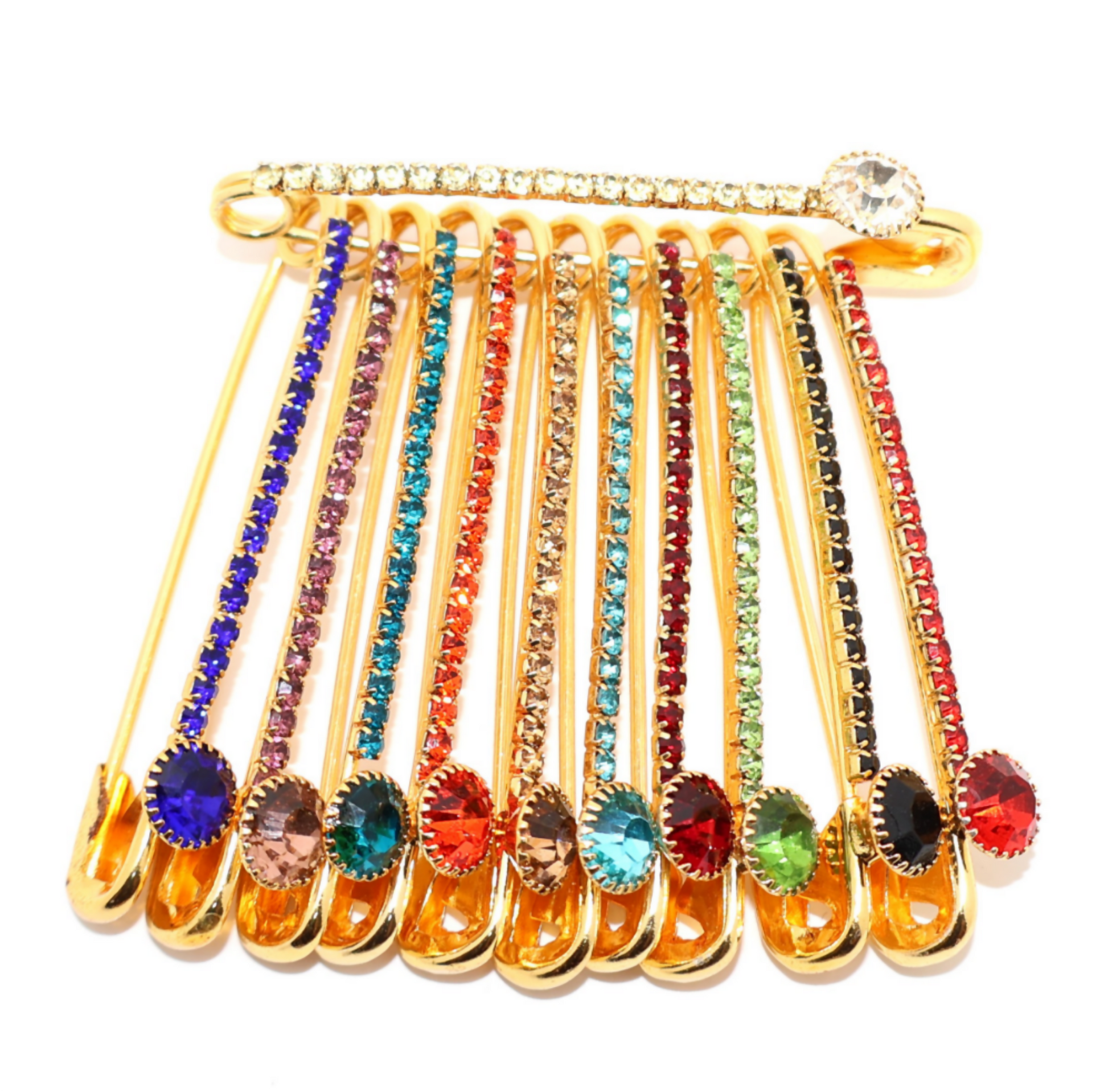 Rainbow Crystal Safety Pin Brooch - Gold Tone Multi-Color Rhinestone Pin