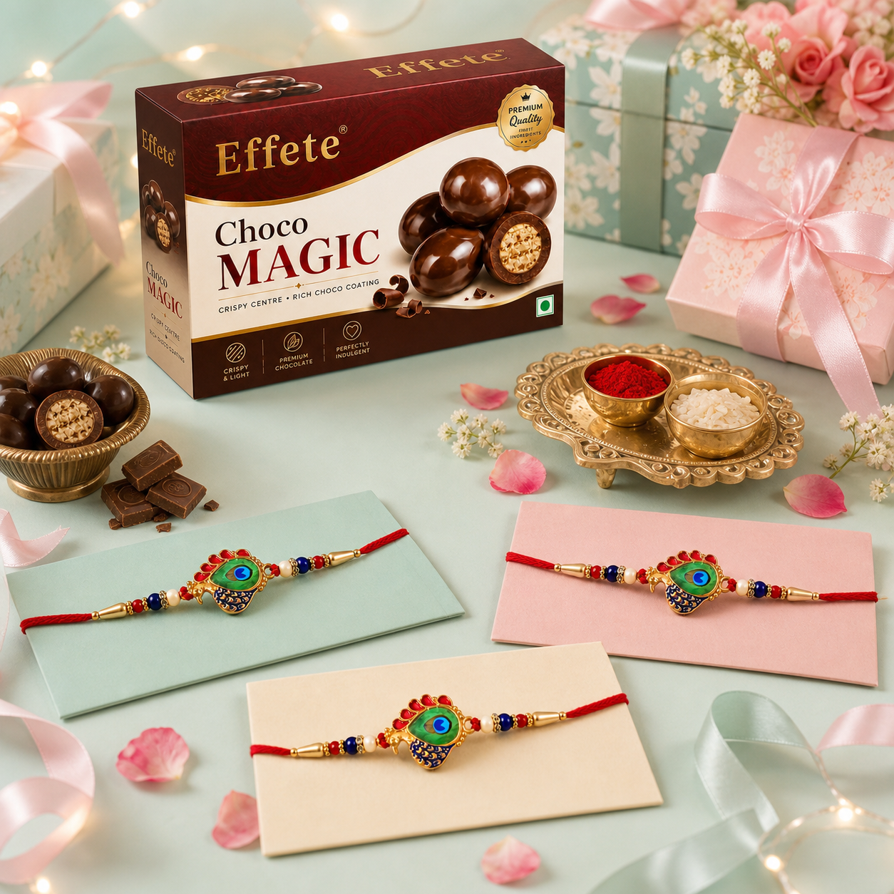 Peacock Feather Eye Rakhi with Choco Magic, Pack of 3