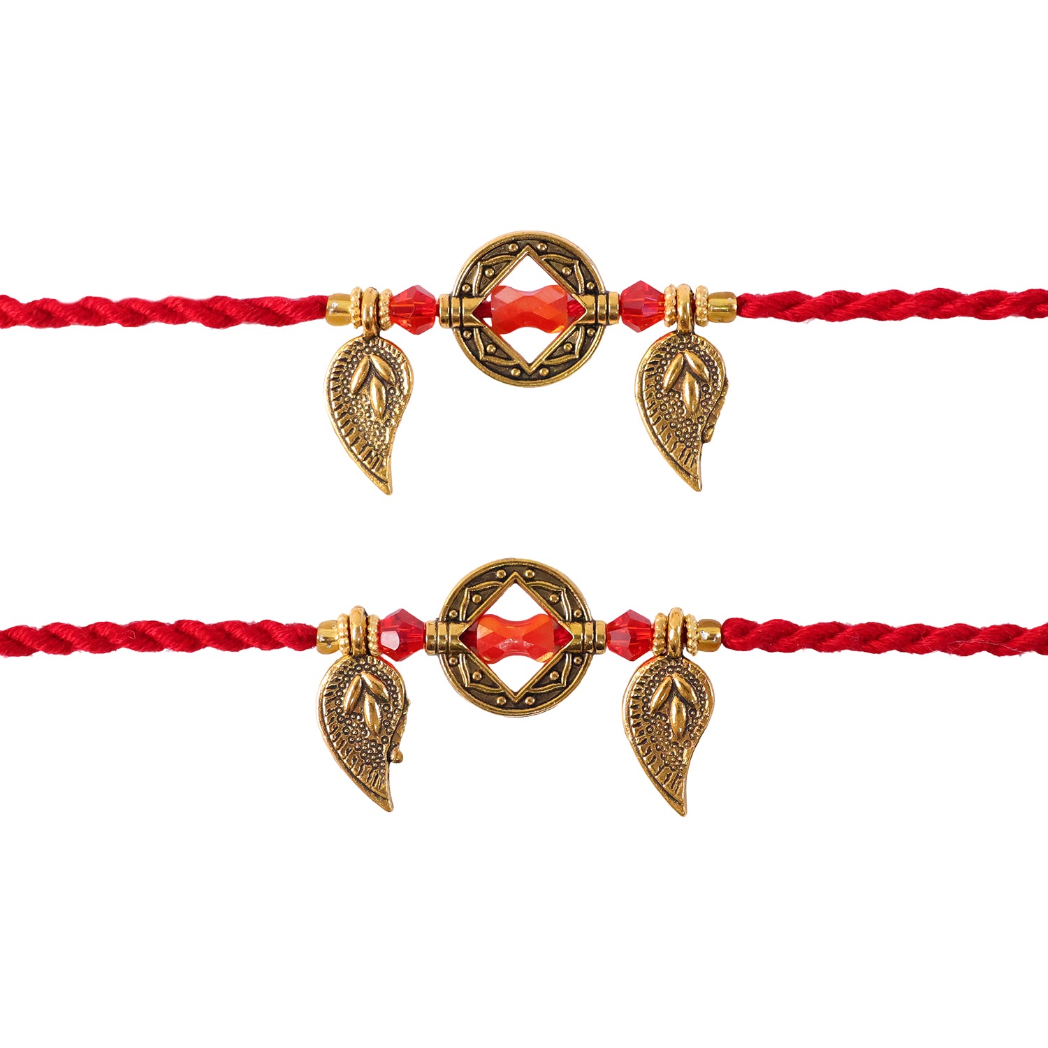 Couple Rakhi Set with Red Thread, Amber Stone, Leaf Charms and Gold Beads