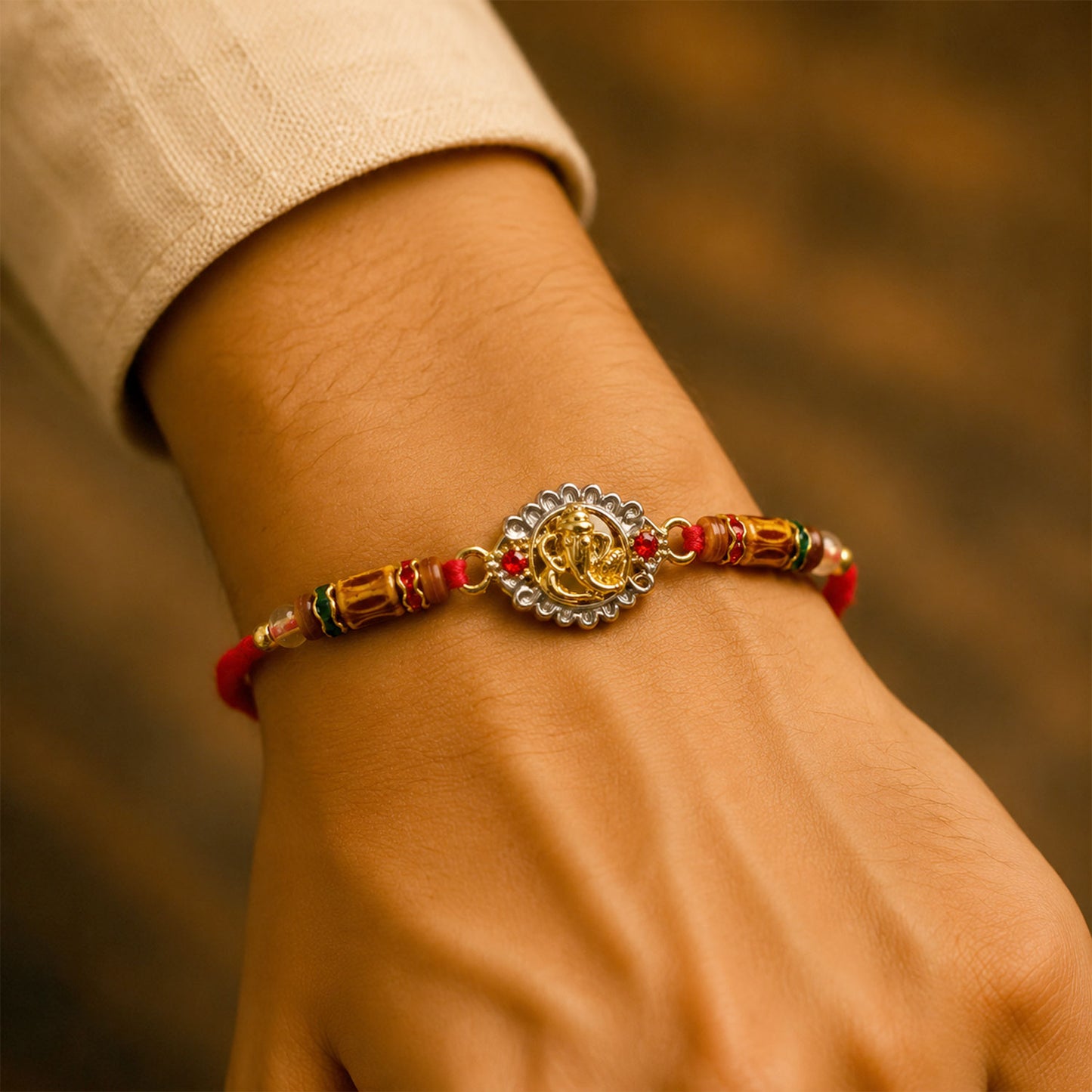 Ganesha Silver Ring Devotional Rakhi with Circular Centre and Red Green Beads