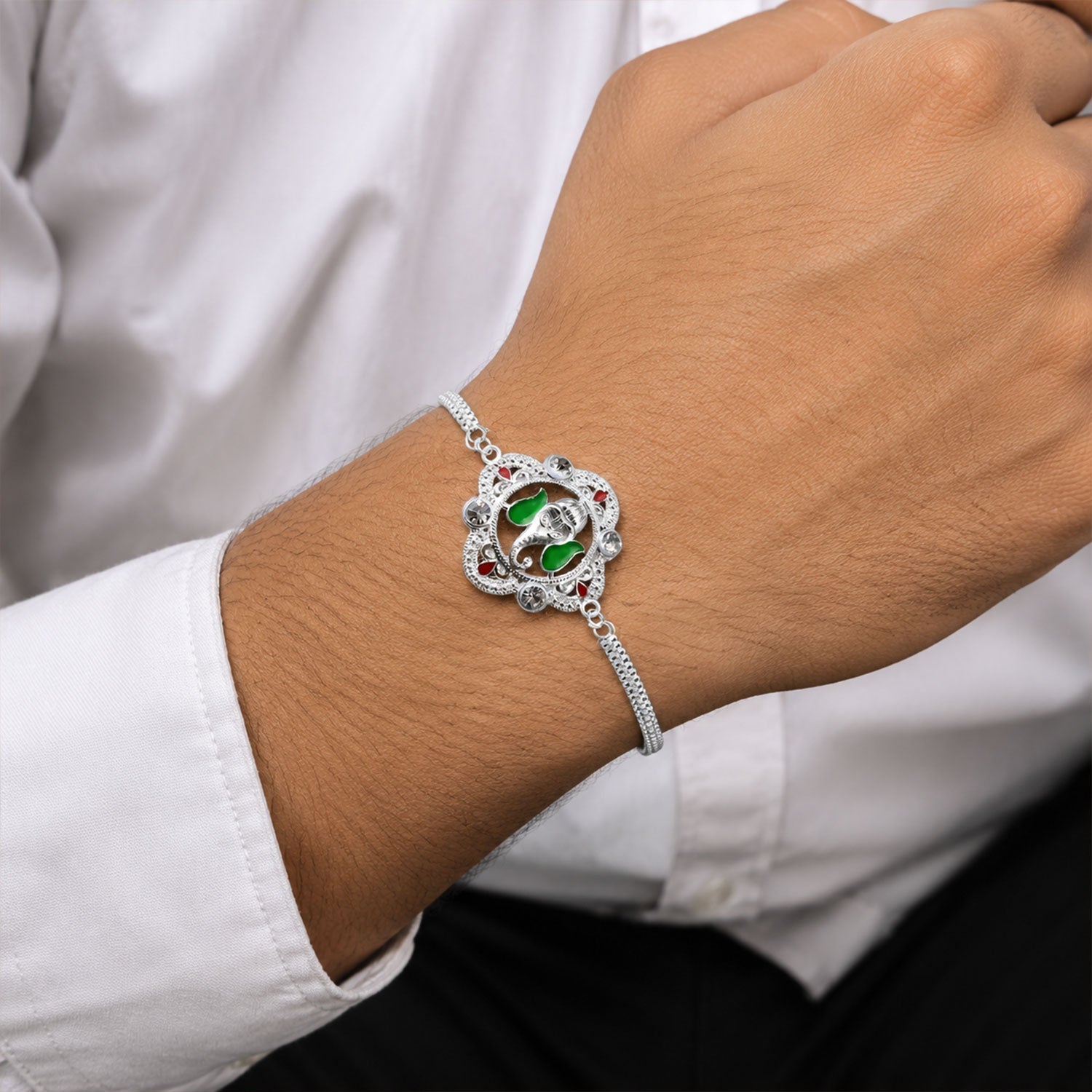 Ganesh Motif Rakhi Elegant Silver Chain Green Enamel (10pcs)