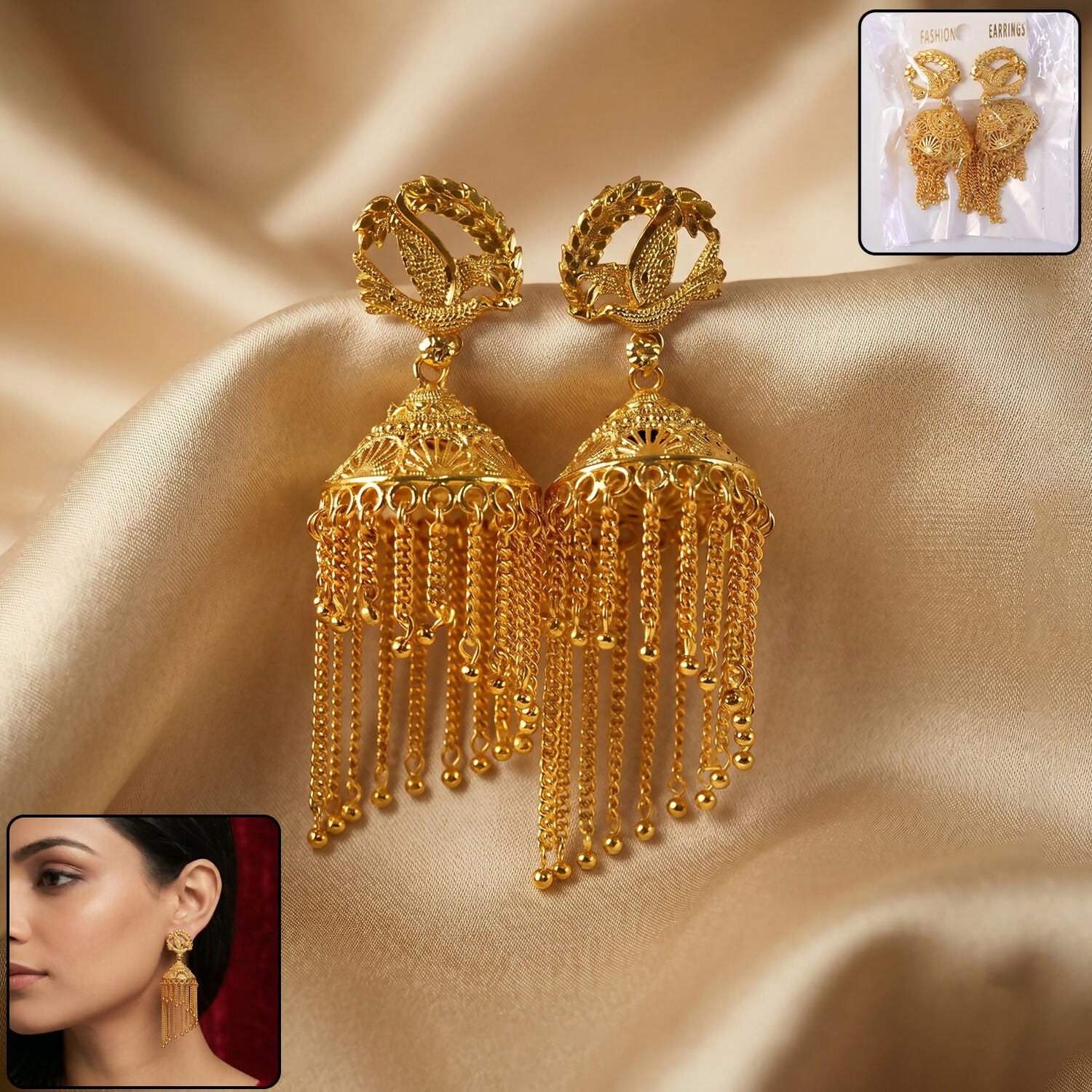 Golden Leaf Design Long Chain Tassel Jhumka Earrings for Women