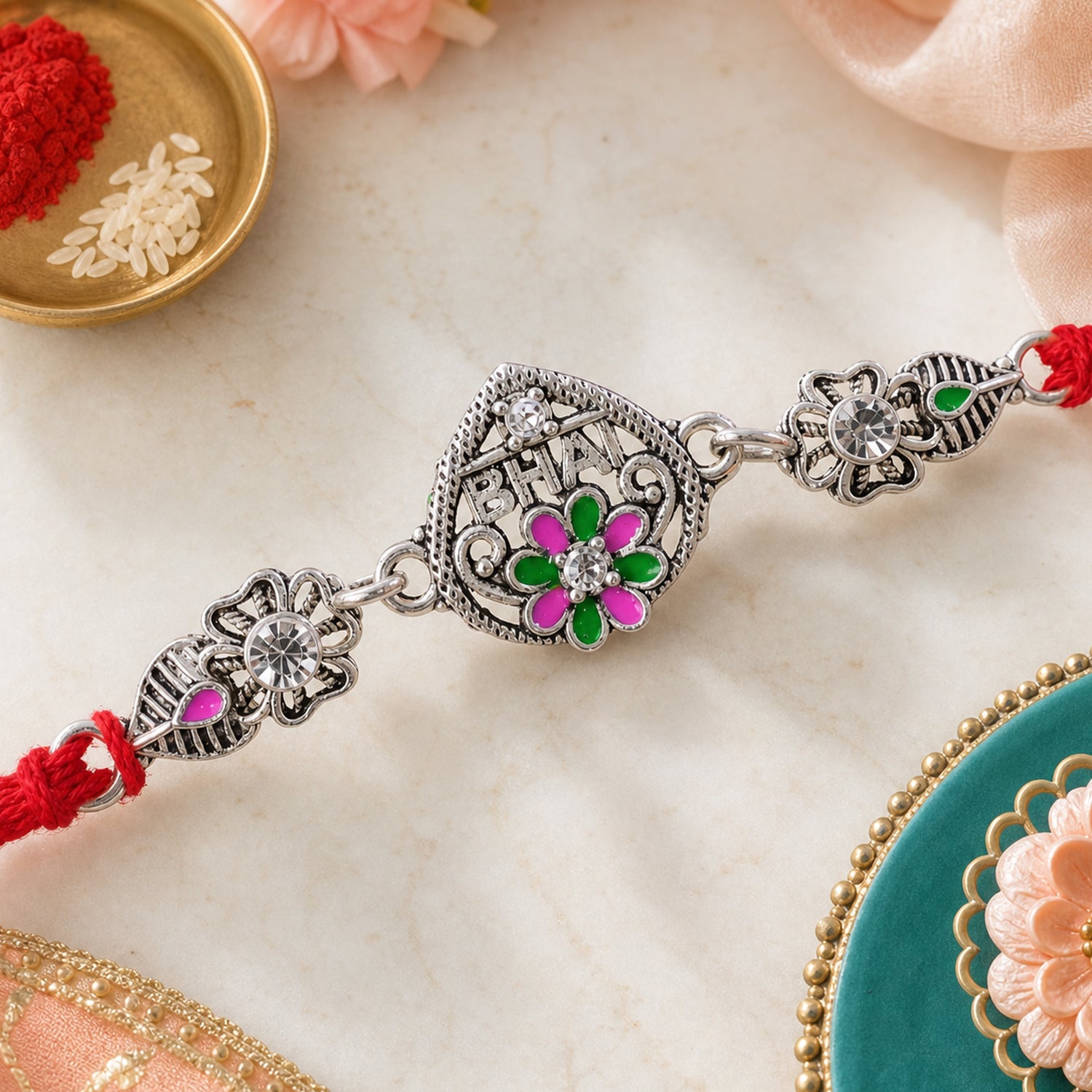 Elegant Rakhi with BHAI Text Plaque, crystal accents and gift style for Gift Styling