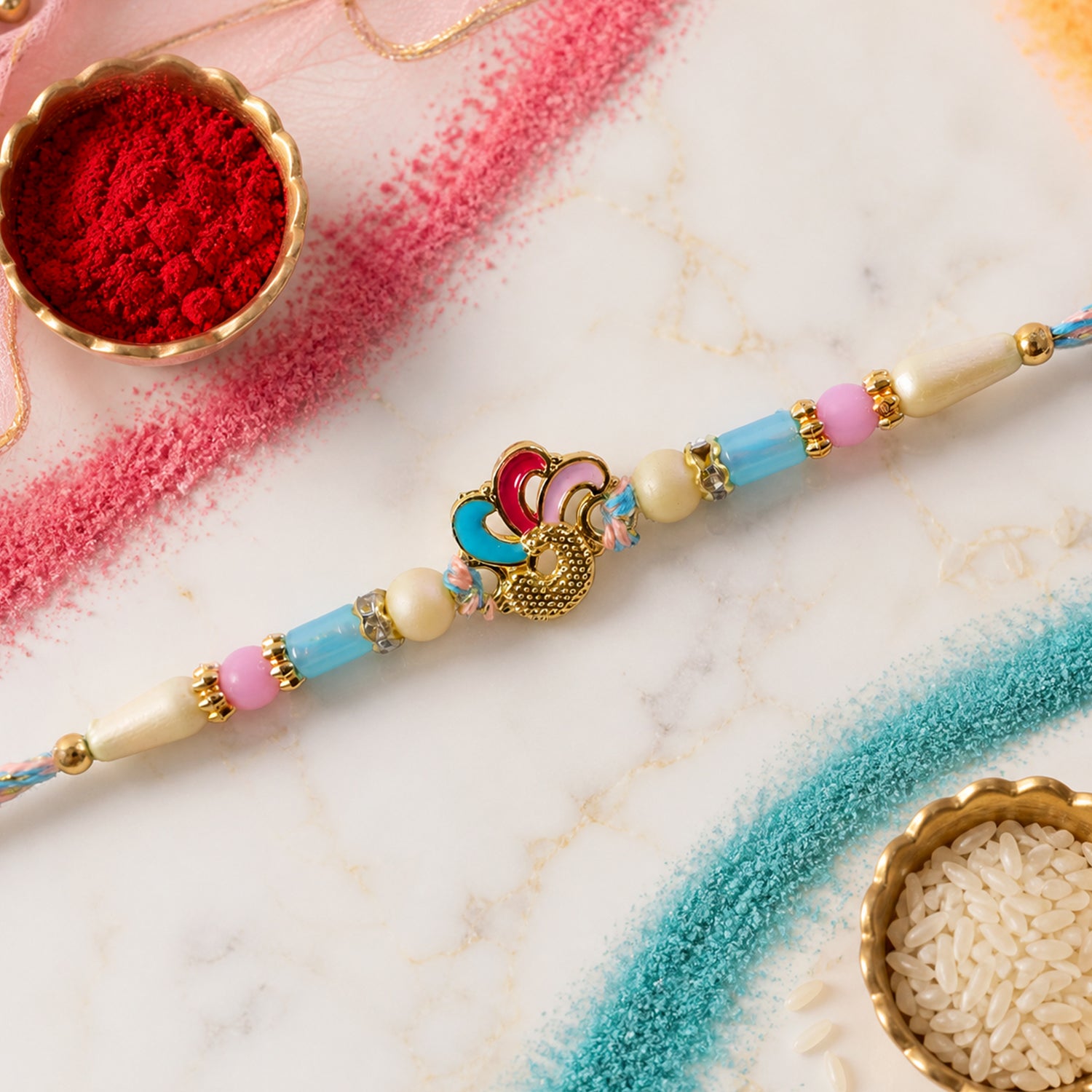Colorful Enamel Bird Pendant Rakhi with Pastel Beads