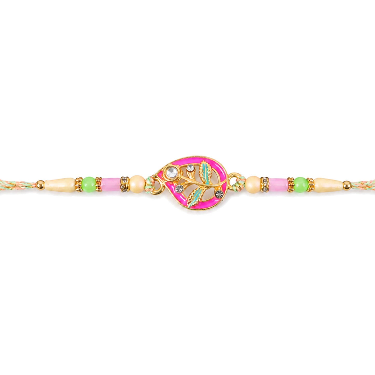 Leaf Shaped Pink and Green Enamel Pendant Rakhi with Pastel Beads