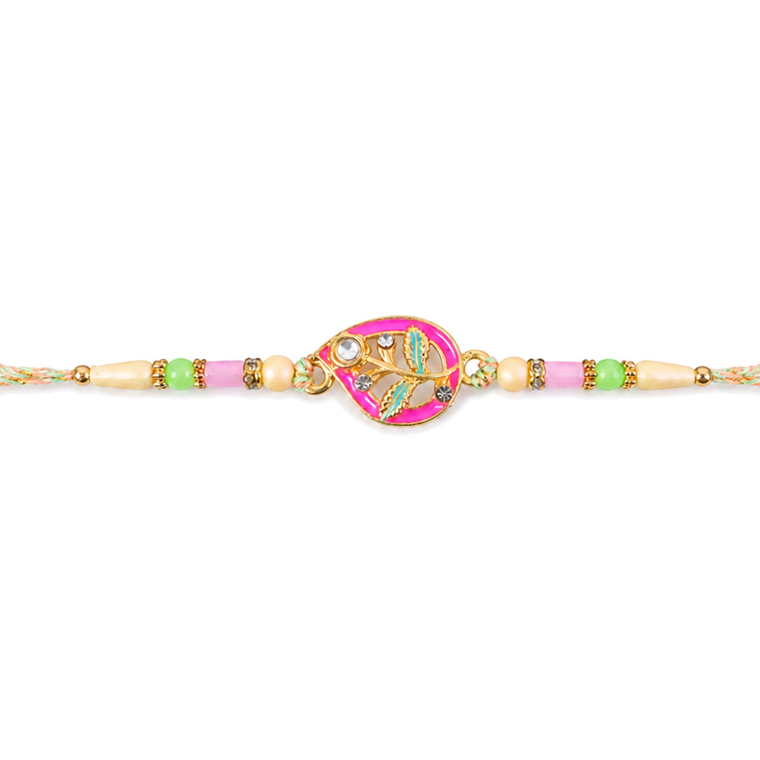 Leaf Shaped Pink and Green Enamel Pendant Rakhi with Pastel Beads