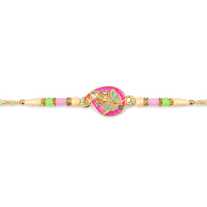 Leaf Shaped Pink and Green Enamel Pendant Rakhi with Pastel Beads