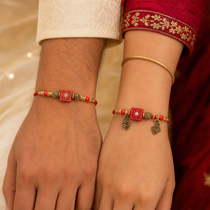 Classic Geometric Square Bhai Bhabhi Rakhi with Square Bead and Leaf Charm for Gift