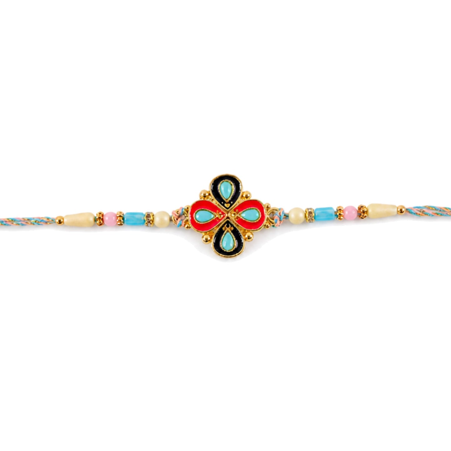 Four-Petal Floral Rakhi with Cream Thread, Multicolor Enamel and Floral Motif Design