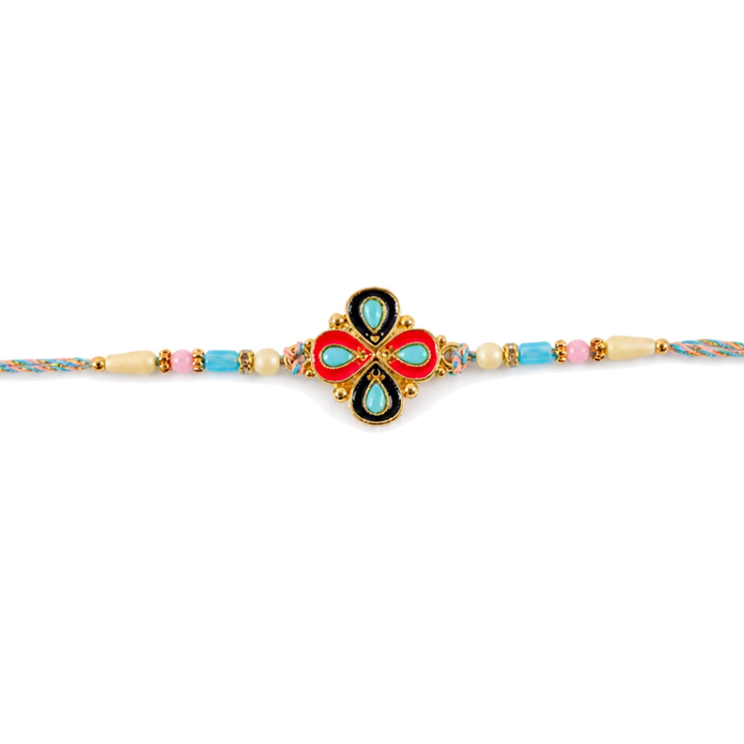 Four-Petal Floral Rakhi with Cream Thread, Multicolor Enamel and Floral Motif Design