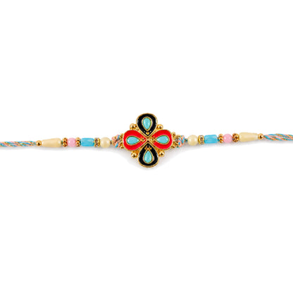 Four-Petal Floral Rakhi with Cream Thread, Multicolor Enamel and Floral Motif Design
