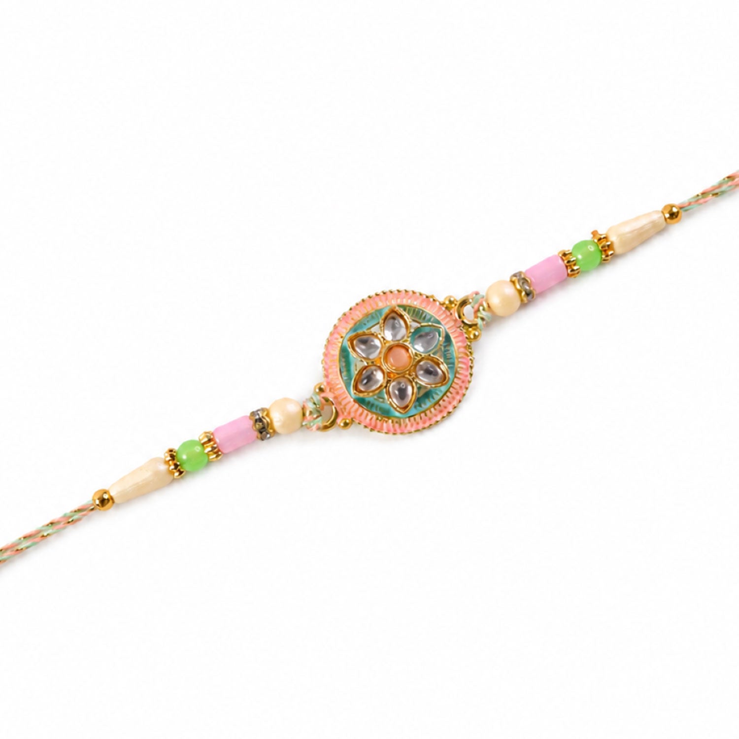 Teal and Pink Round Kundan Pendant Rakhi with Pastel Beads