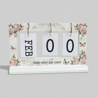 Floral Wooden Perpetual Desk Calendar with Motivational Quote – Vintage Style Flip Calendar with Months & Dates, Reusable Office Tabletop Decoration for Home, Office & Gift Purpose