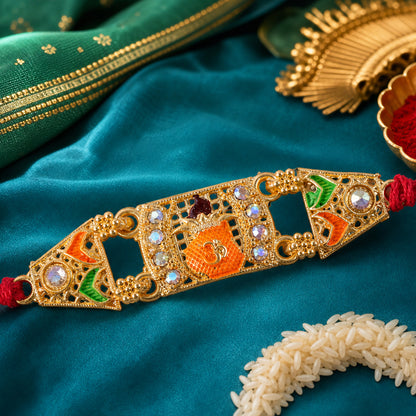 Premium Rakhi with Ornate Rectangular Plaque, crystal borders and chain look for Gift