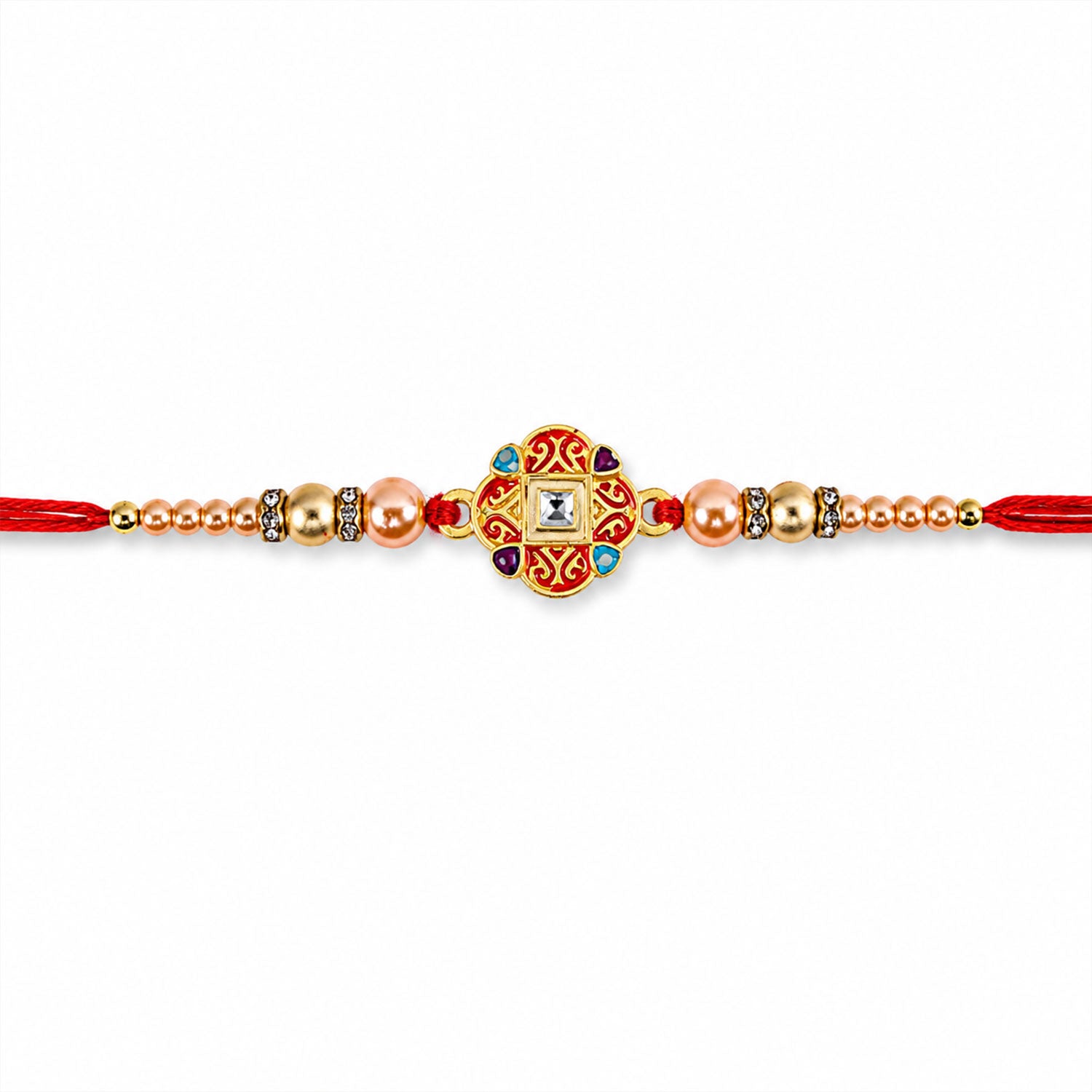 Round Red Meenakari AD Stone Designer Rakhi for Brother with Pearls
