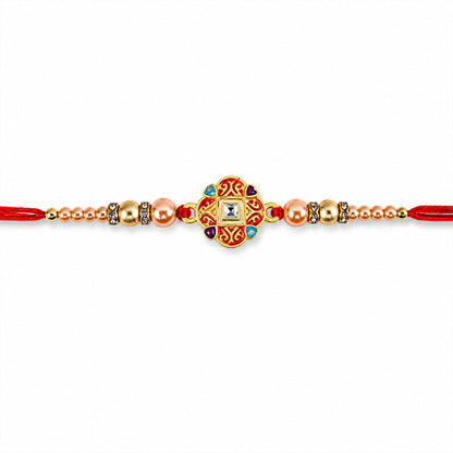 Round Red Meenakari AD Stone Designer Rakhi for Brother with Pearls