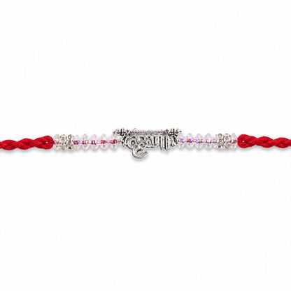 Silver Bhaiya Name Rakhi with Crystal Beads, Red Thread and Sparkling Detail