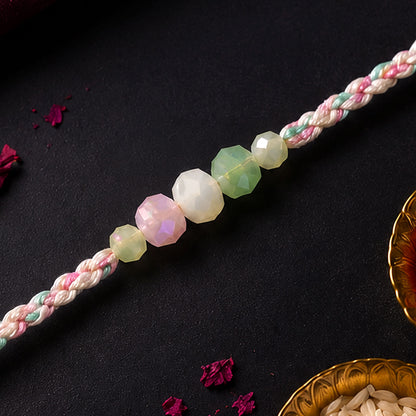 Pastel Pearl Bracelet Rakhi with Soft Pink Green Beads and Delicate Designer Beauty